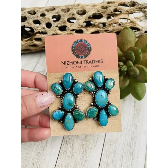 Navajo Sterling Silver & Royston Turquoise Cluster Post Earrings Signed - Picture 5 of 7